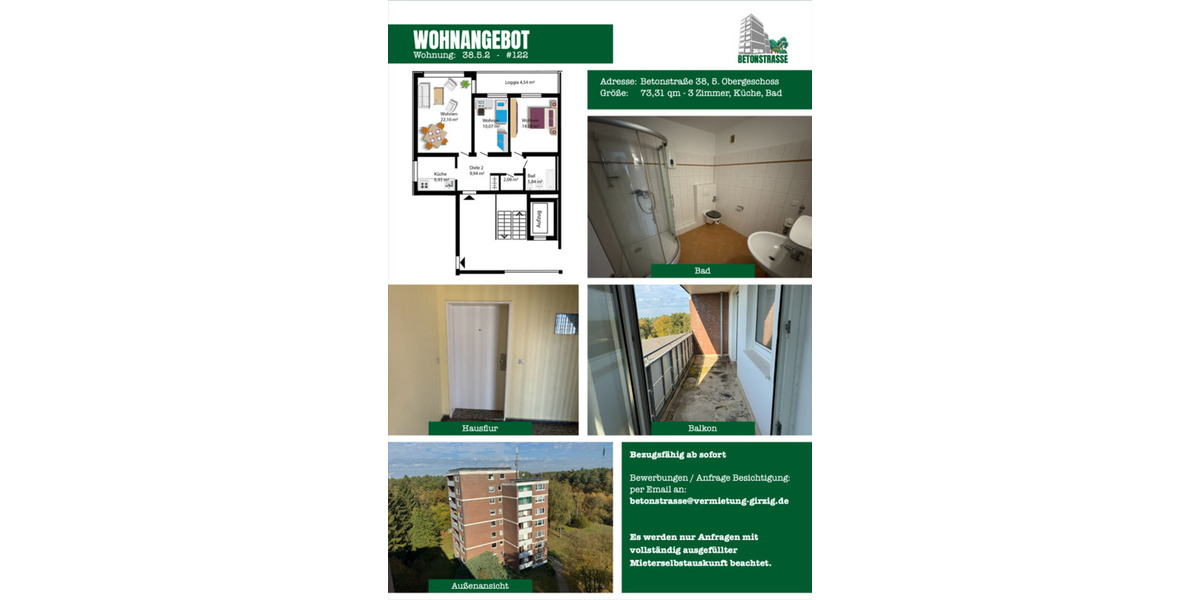 Etagenwohnung Bremen Blumenthal - 3 Zimmer, 73 m&sup2;, 550&euro; | Angebot:25149645