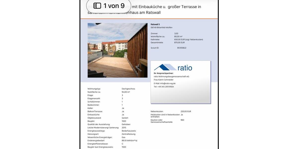 Dachgeschoßwohnung Bitterfeld-Wolfen Bitterfeld - 3 Zimmer, 80 m&sup2;, 870&euro; | Angebot:25139031