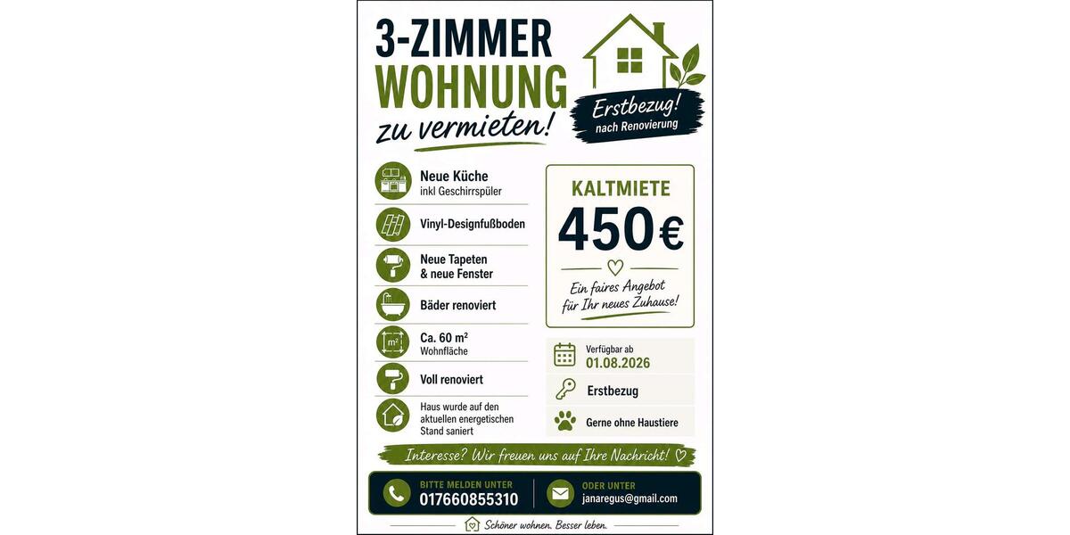 Etagenwohnung Oberharz am Brocken Hasselfelde - 3 Zimmer, 60 m&sup2;, 450&euro; | Angebot:26409645