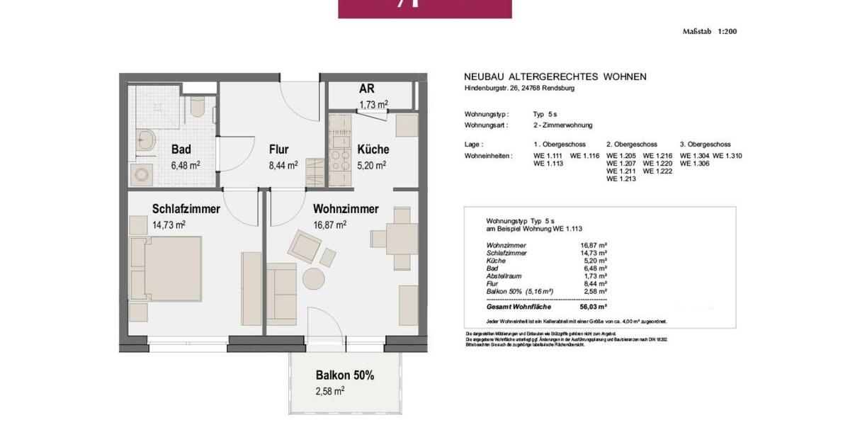 Etagenwohnung Rendsburg - 2 Zimmer, 56 m&sup2;, 962&euro; | Angebot:26234412