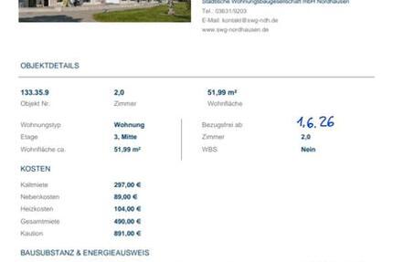 Wohnung Nordhausen - 2 Zimmer, 52 m&sup2;, 529&euro; | Angebot:25257913