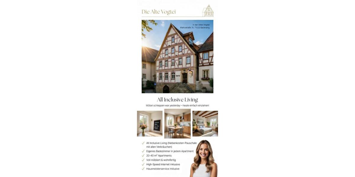 Etagenwohnung Backnang - 1 Zimmer, 40 m&sup2;, 670&euro; | Angebot:26133472