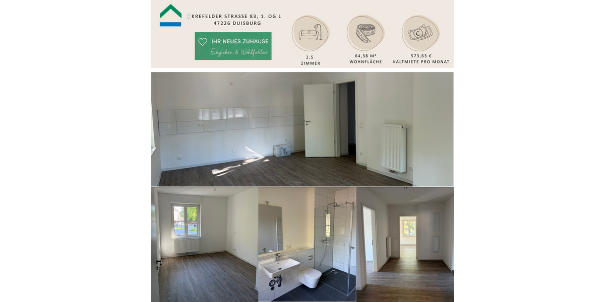 Etagenwohnung Duisburg Rheinhausen - 2.5 Zimmer, 64 m&sup2;, 574&euro; | Angebot:24898600