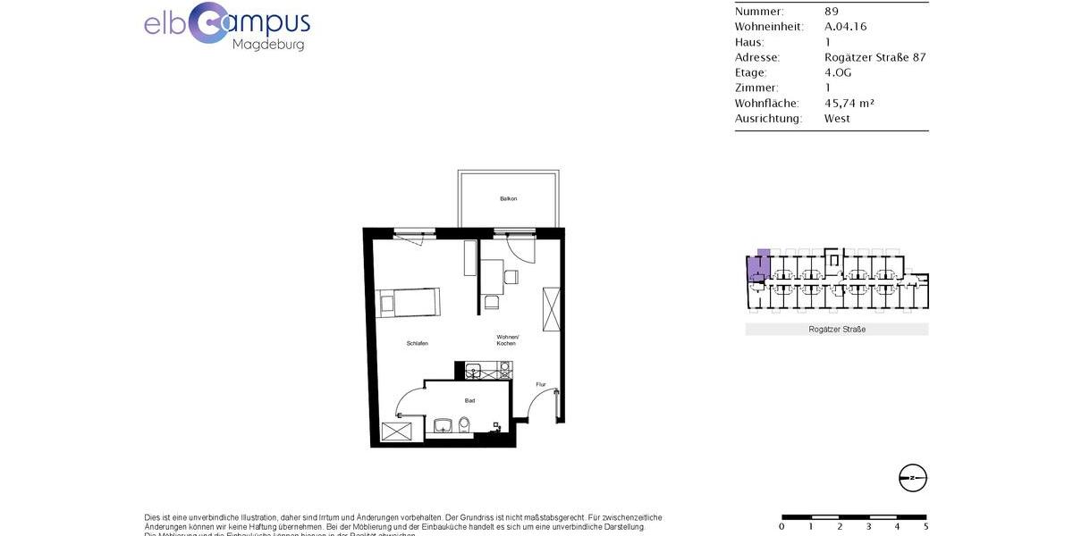 Etagenwohnung Magdeburg Alte Neustadt - 1 Zimmer, 46 m&sup2;, 590&euro; | Angebot:26279323