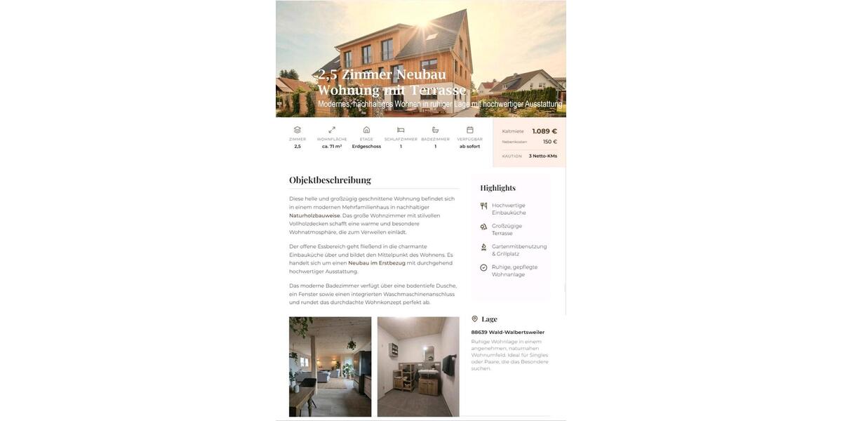 Erdgeschoßwohnung Wald - 2.5 Zimmer, 70 m&sup2;, 1.089&euro; | Angebot:26415163
