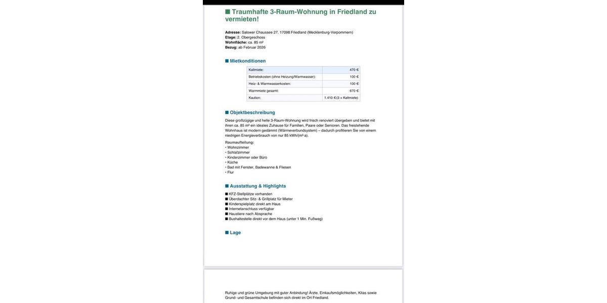Helle 3-Raum-Whg (85 m²) 2.OG in Friedland –Bezug ab Februar 2026 3 zimmer