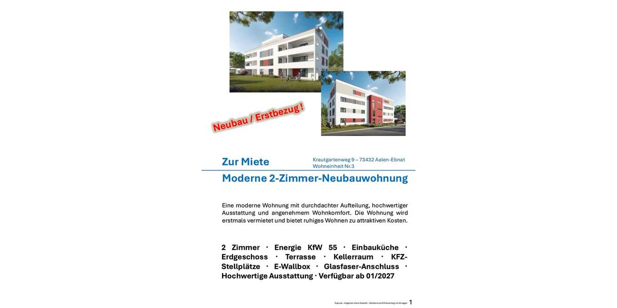 Erdgeschoßwohnung Aalen Ebnat - 1 Zimmer, 58 m&sup2;, 1.140&euro; | Angebot:27604322