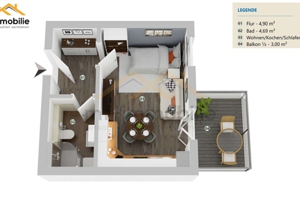 Einzimmer Apartment in Mariental mit Balkon - Wohnung Mariental Helmstedt - Grasleben | Angebot:25943615